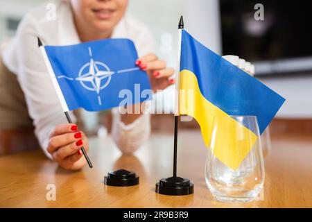 Ein nicht wiedererkennbares Mädchen setzt Zwergflaggen der Ukraine und der NATO vor internationalen Verhandlungen Stockfoto