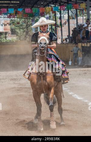 Frauen treten in einer traditionellen Charreria in Mexiko-Stadt, Mexiko, gegeneinander an Stockfoto