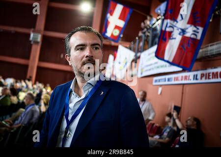 Chivasso, Italien. 25. Juni 2023 Riccardo Molinari nimmt am Kongress der Lega Nord Piemonte (Piemont Northern League) Teil, einem regionalen Teil der politischen Partei Lega Nord (Northern League). Riccardo Molinari wurde vom Kongress erneut zum Regionalsekretär gewählt. Kredit: Nicolò Campo/Alamy Live News Stockfoto