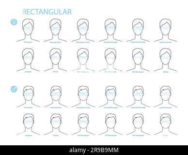 Set mit rechteckiger Brille Modeaccessoire Illustration. Sonnenbrille Vorderansicht für Herren, Damen, Unisex-Silhouette, Brille mit flachem Rand Brille mit isolierter Linsenzeichnung Stock Vektor