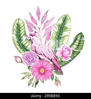 Tropische Komposition mit Flamingos, Bananenblättern, rosa Blumen. Collage mit wässrigen Elementen, die auf Weiß isoliert sind. Handgezeichnete, wasserfarbene Flamingos Stockfoto