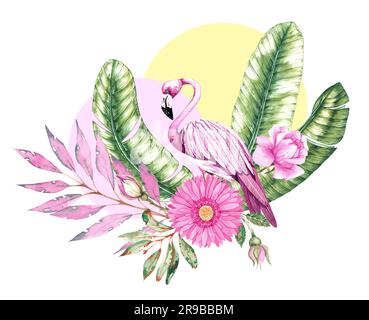 Tropische geometrische Zusammensetzung mit Flamingos, Bananenblättern, Blumen. Collage mit wässrigen Elementen, die auf Weiß isoliert sind. Handgezeichnete Aquarellflami Stockfoto