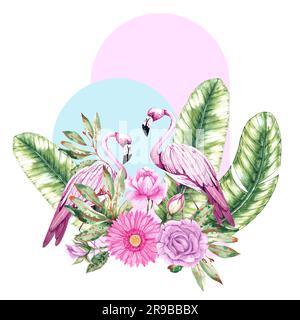 Tropische geometrische Zusammensetzung mit Flamingos, Bananenblättern, Blumen. Collage mit wässrigen Elementen, die auf Weiß isoliert sind. Handgezeichnete Aquarellflami Stockfoto
