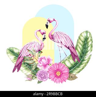 Tropische geometrische Zusammensetzung mit Flamingos, Bananenblättern, Blumen. Collage mit wässrigen Elementen, die auf Weiß isoliert sind. Handgezeichnete Aquarellflami Stockfoto