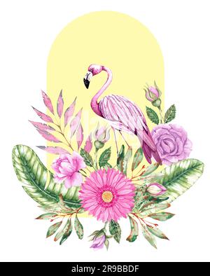 Tropische geometrische Zusammensetzung mit Flamingos, Bananenblättern, Blumen. Collage mit wässrigen Elementen, die auf Weiß isoliert sind. Handgezeichnete Aquarellflami Stockfoto