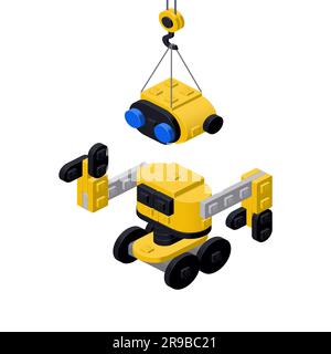 Konzept mit gelbem Roboter aus Kunststoffblöcken in isometrischer Form für Druck und Design.Vektordarstellung. Stock Vektor