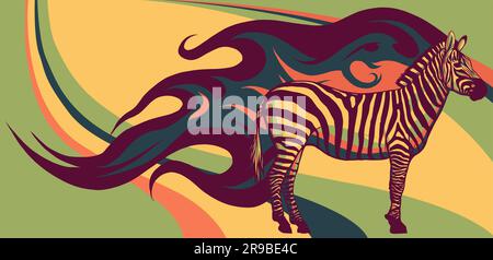 Zebra, gestreiftes Pferd, afrikanisches Savannahtier, gestreifte Haut, Linienmuster. Stock Vektor