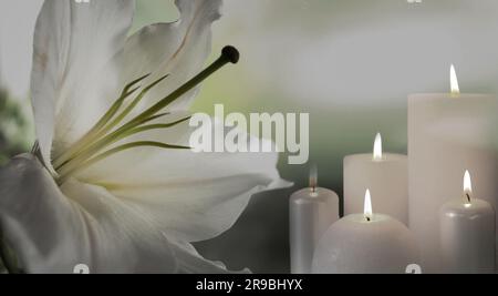 Beerdigung. Weiße Lilie und brennende Kerzen auf verschwommenem Hintergrund, Bannerdesign Stockfoto