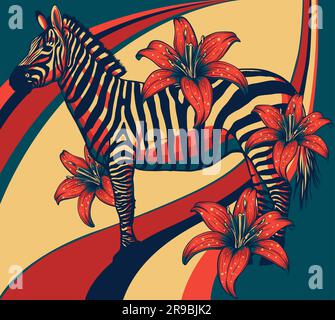 Zebra, gestreiftes Pferd, afrikanisches Savannahtier, gestreifte Haut, Linienmuster. Stock Vektor