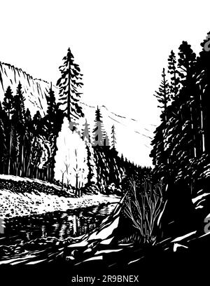 Comics-Zeichnungsdarstellung des Merced River im Yosemite Valley im Yosemite-Nationalpark, USA, im Retro-Stil in Schwarz und Weiß. Stockfoto