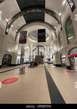 Dresden, Deutschland - 19. Dezember 2021: Der Dresdner Hauptbahnhof ist der größte Passagierbahnhof in der sächsischen Hauptstadt Dresden. Stockfoto