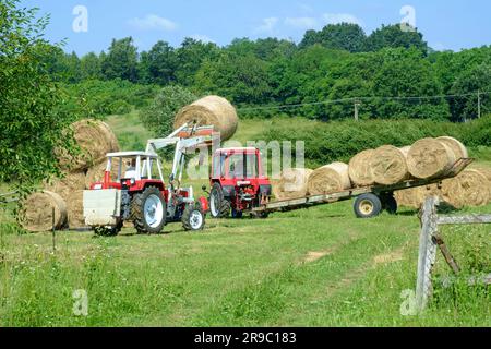 der traktor steyr 650 wird zum Stapeln runder Heuballen verwendet, die nach der Ernte im ungarischen Bezirk zala vom Anhänger entladen wurden Stockfoto