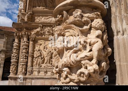 Detail einer kunstvoll verzierten Steinschnitzerei an der Fassade der Catedral de Santa María de Astorga entlang der Camino Frances in Astorga, Spanien. Diese Anz Stockfoto