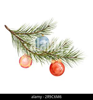 Aquarell Merry Christmas Composition. Pinienzweig mit kreativen, handgefertigten Neujahrsbällen. Aquarelldarstellung isoliertes Objekt. Dekorativ Stockfoto