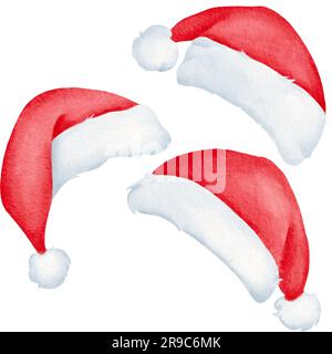 Der Weihnachtsmann-Hut. Winterkleidung. Weihnachtlich-rote Mütze im Neujahrskarikaturendesign. Für Grußkarten, Postkarten, Partyeinladungen, Poster Stockfoto