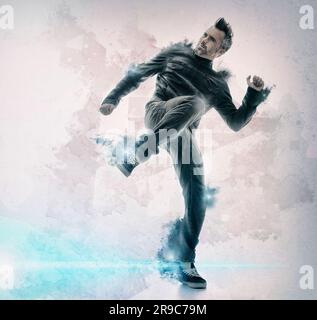 Mode, Kunst und Männer tanzen im Studio für Freiheit, Feier oder Ausdruck auf dem Mockup-Raum. Kreativer, flippiger und männlicher Tänzer in coolem Outfit mit Stockfoto