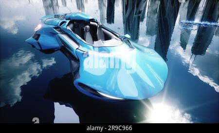 Das Auto in einer futuristischen Stadt. Zukunftskonzept. 3D-Rendering. Stockfoto