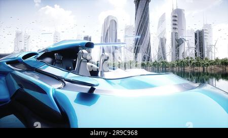 Das Auto in einer futuristischen Stadt. Zukunftskonzept. 3D-Rendering. Stockfoto