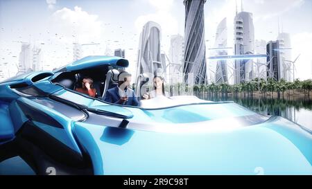 Auto in futuristischer Stadt mit Menschen. Zukunftskonzept. 3D-Rendering. Stockfoto