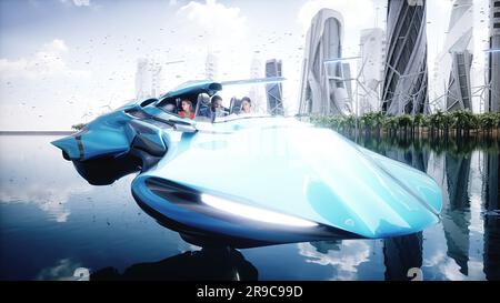 Auto in futuristischer Stadt mit Menschen. Zukunftskonzept. 3D-Rendering. Stockfoto