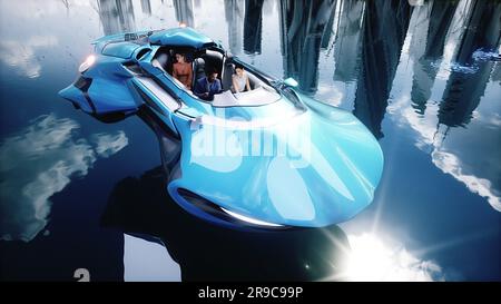 Auto in futuristischer Stadt mit Menschen. Zukunftskonzept. 3D-Rendering. Stockfoto