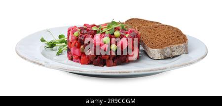 Köstlicher Vinaigrette-Salat mit Scheiben Brot, isoliert auf Weiß Stockfoto