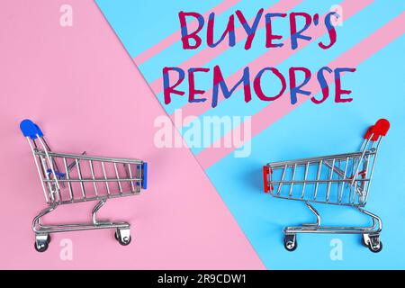 Texten Sie Buyer's Reue und Shopping Carts auf pinkfarbenem und hellblauem Hintergrund, Draufsicht Stockfoto