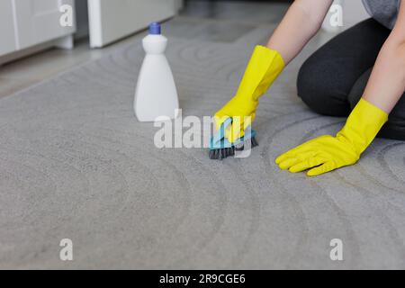 Eine Frau putzt zu Hause Teppich mit Bürste, kopiert Platz über grauen Teppich Stockfoto