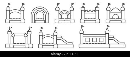 Aufblasbare Hüpfschilder der Burg. Vektor-Trampolin-Umriss-Piktogramme für das Springspiel isoliert auf weißem Hintergrund. Stock Vektor
