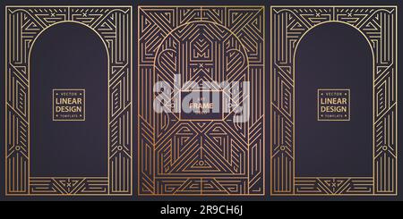 Vektorset mit Arch Art-Deco-Linien-Rändern, Cover. Goldene Rahmen, dekorative geometrische Etiketten. Lineare Ornamentzusammensetzung, Vintage-Stil. Für verwenden Stock Vektor
