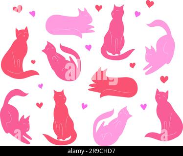 Vektor-Valentinsfrühling mit rosa Katzen und Herzen. Stock Vektor