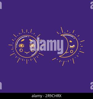 Süßer Mond und Sonne. Handgezeichnete Cartoon-Vektordarstellung. Stock Vektor