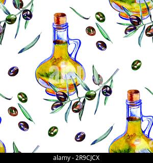 Aquarellmuster mit Oliven, Ölflasche, Zweigen grüner und schwarzer Oliven auf weißem Hintergrund. Nicht nahtlos. Stockfoto
