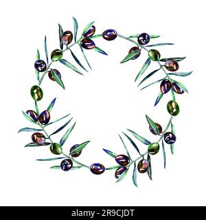 Aquarell-Olivenzirkel. Handgezeichneter, natürlicher Blumenrahmen. Stockfoto