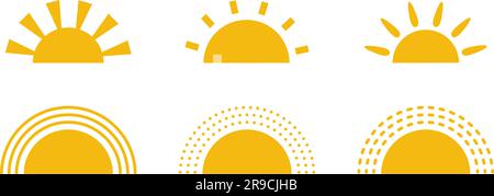 Gelbe Halb-Sonne-Symbole in flachem Stil. Sonnenuntergang einfache grafische Symbole. Symbole für Sommerhitze. Halbrundes Solarelement. Vektordarstellung isoliert auf Stock Vektor