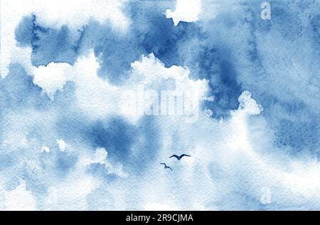 Blaue Aquarellwolke, Vögel und Himmel. Frühling, Sommer Hintergrund. Stockfoto