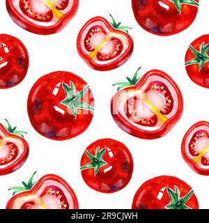 Wasserfarbenes, nahtloses, handgezeichnetes Muster mit roten, reifen Tomaten. Umweltfreundliche Lebensmittel Stockfoto