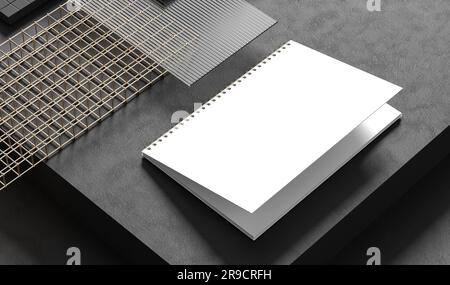 Notizbuchmodell mit Spiralbinder isoliert auf dunklem Hintergrund. 3D Abbildung Stockfoto