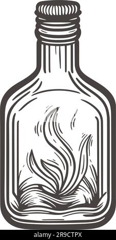 Versiegelte Flasche mit Flüssigkeit aus dem Vintage-Stil. Glasflasche mit Kräuterinfusion, handgraviert. Skizzieren Sie den Trank im Behälter, Darstellung isolierter Vektoren Stock Vektor