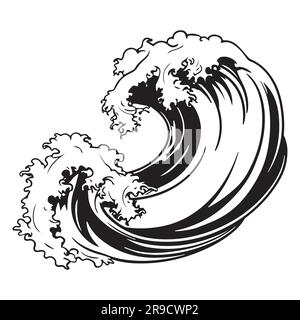 Vektorseewelle. Darstellung von schwarz-weißen Ozeanwellen mit Schaumstoff. Isolierter Spritzer Wasser im Cartoon-Stil. Ein Element für Ihr Design. Stock Vektor