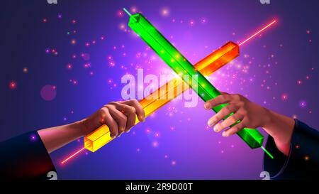 Börsenhändler kämpfen an der Wertpapierbörse um Profit. Bären gegen Bullen. Kampf der Bären mit Bullen auf Schwertern in Form von Ja Stock Vektor