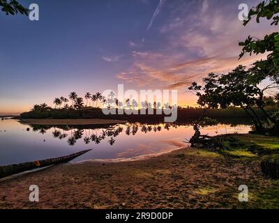 Wunderschöner Strand von Imbassai mit Palmen bei Sonnenuntergang, Bundesstaat Bahia in Brasilien. Stockfoto