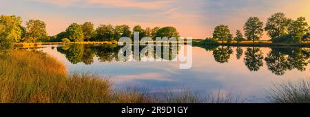 Ein breites 3:1-Panoramabild von einem Sonnenuntergang im Dwingelderveld-Nationalpark, einem Nationalpark in der niederländischen Provinz Drenthe, der sich grob im Tri befindet Stockfoto