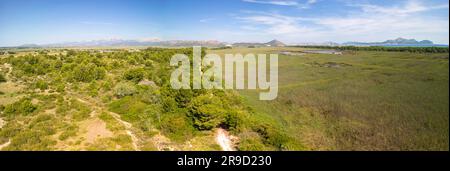 Panorama des Naturschutzgebiets Ses Salinetes, S'Albufera, Mallorca, Spanien, 17. Juni 2023 Stockfoto