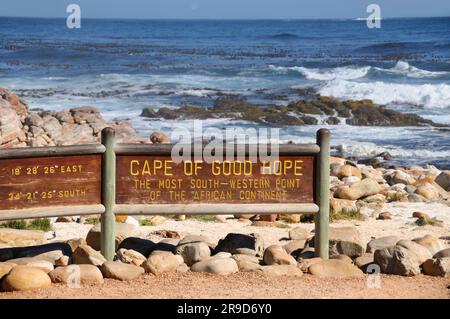 Schild am Kap der Guten Hoffnung, Tafelberg-Nationalpark, Kap-Halbinsel, Westkap, Südafrika Stockfoto