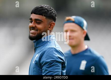 Englands Rehan Ahmed während einer Nets-Sitzung auf Lord's Cricket Ground, London. Foto: Montag, 26. Juni 2023. Stockfoto