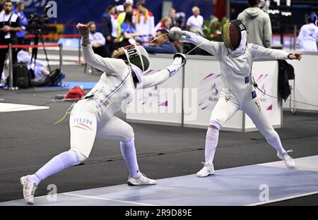 Krakau, Polen. 26. Juni 2023. Die Fechtsportlerin Aube Vandingenen wurde in Aktion während eines Kampfes im epee-Frauenwettbewerb bei den Europaspielen in Krakau, Polen, am Montag, den 26. Juni 2023 gezeigt. Die Europaspiele 3., informell bekannt als Krakau-Malopolska 2023, sind eine geplante internationale Sportveranstaltung, die vom 21. Juni bis 02. Juli 2023 in Krakau und Malopolska, Polen, stattfindet. BELGA FOTO LAURIE DIEFFEMBACQ Kredit: Belga News Agency/Alamy Live News Stockfoto