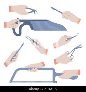 Die Hände in medizinischen Handschuhen halten chirurgische Instrumente. Flache Stahlpinzette, Lanzetten, Klemmen und Spreizwerkzeuge, Schnittverfahren, Stahlwerkzeuge für Stock Vektor