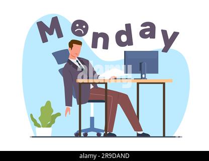 Schläfriger und frustrierter Büroangestellter am Montagmorgen. Mann sitzt am Schreibtisch, schläft männliche Figuren, verzögert am Arbeitsplatz, Burn-out-Mann. Zeichentrickfilm Stock Vektor