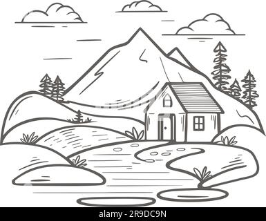 Handgraviertes ländliches Haus aus Holz. Landschaft mit Landhaus vor dem Hintergrund von Bergen und Wäldern. Ein Haus, Naturlandschaft, Tinte Stock Vektor